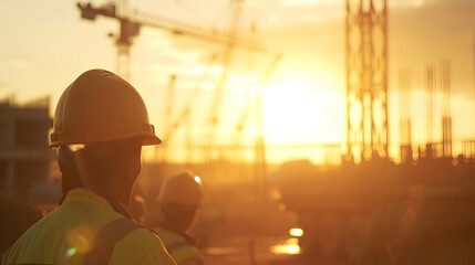 Aufkleber - A team of engineers on a construction site pass a blurry construction site at sunset : Generative AI