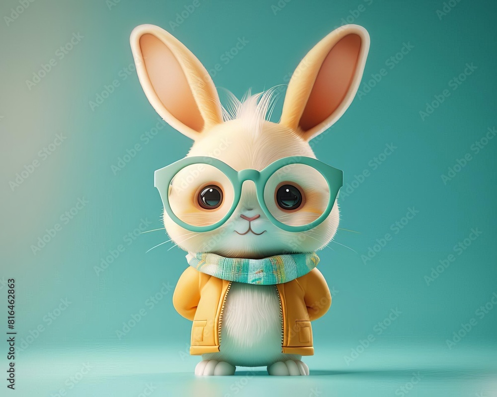 Cute cartoon rabbit with glasses, dressed in a scarf, standing on the ...