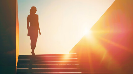 business success achievement and people concept silhouette of woman standing on stairs over sun ligh