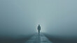 © Generative AI - Man walking away on misty road : Generative AI