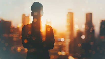 Aufkleber - Silhouette of confident businessman standing with crossed arms in abstract city with double exposure of his blurry business team Concept of leadership Toned image : Generative AI