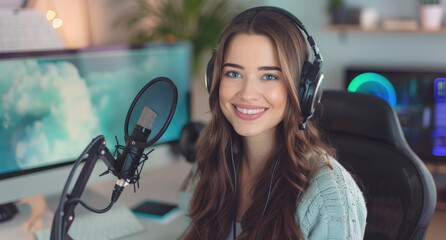 Wall Mural - A beautiful woman with long brown hair and blue eyes wearing headphones smiles while sitting in front of her computer on the desk, recording video content for YouTube