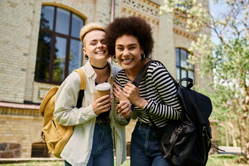 Wall Mural - A multicultural lesbian couple, stylishly dressed, standing in front of a university building.