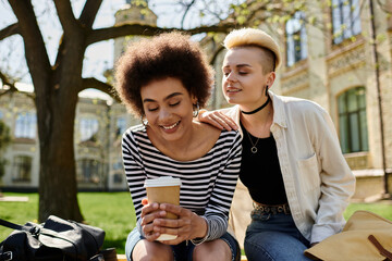 Wall Mural - Two girls, in stylish attire, enjoy a casual chat on a bench while sipping on cups of coffee.