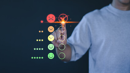Poster - Male customer hand touching the virtual screen on the angry emotion face. Assessment testimonial review for dislike service and low quality. Business concept of customer experience dissatisfied.