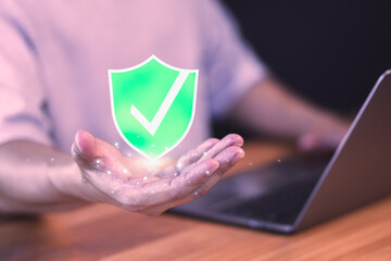 Poster - User showcase identity proofing icon for security protection, emphasizing the quality assurance of business services and certified guarantee approval for secure access. Displaying on a virtual screen.