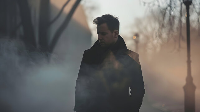 A man in a black coat in foggy weather : Generative AI