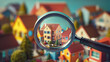 © aekkorn - house searching, colorful mini model homes being viewed through magnifying glass, 3d render illustration.