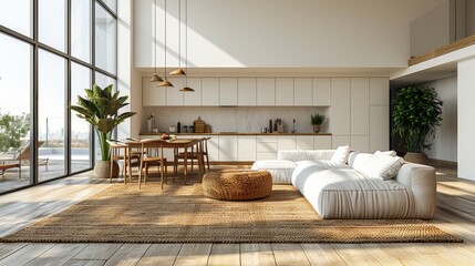 Wall Mural - Interior design of a modern apartment. Dining room with table and chairs, kitchen, empty living room with white wall, panorama.