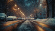 Winter night with snow falling, concept of quiet cold atmosphere, selective focus, snowy street, surreal, blend mode, street lamps