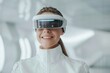 Futuristic technology woman wearing a virtual reality headset. Science innovation device inspiration design. Futue tech simulation glasses