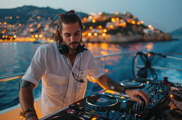 Sticker - an attractive male DJ with long hair and short beard, wearing headphones behind the turntables performing on top deck of modern yacht at night overlooking French Riviera.