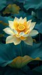 Radiant yellow lotus amidst a sea of green, captured up close in a pristine lake, symbol of purity and peace