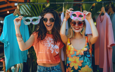 happy young women holding items up in front of their faces, trying to choose which one they want from the many different hanging on an outdoor rack.