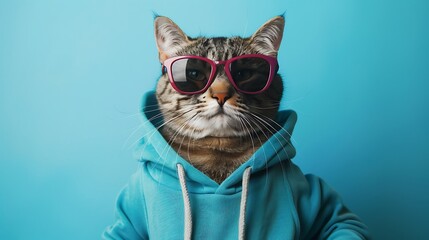 Wall Mural - Portrait of a big cat wearing sunglasses and a blue sweatshirt on colored background