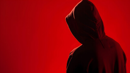 Silhouette af man without face in hood on a red background Anonymous crime concept : Generative AI