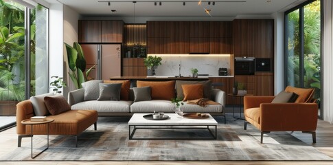 Wall Mural - A living room with a white coffee table and a brown couch