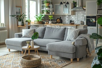 Poster - A living room with a grey sectional couch, a coffee table, and a potted plant