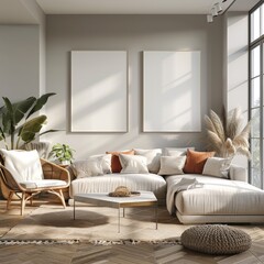 Wall Mural - A living room with a white couch, a white chair, and a white coffee table