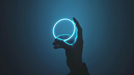Poster - Phone in hand Silhouette of male hand holding bezelless smartphone with futuristic neon light circle on dark background Screen is cut with clipping path : Generative AI