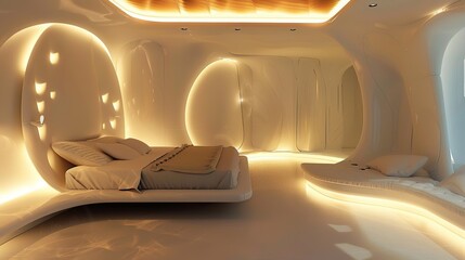 Wall Mural - Futuristic bedroom with dynamic lighting and modular furnitur 