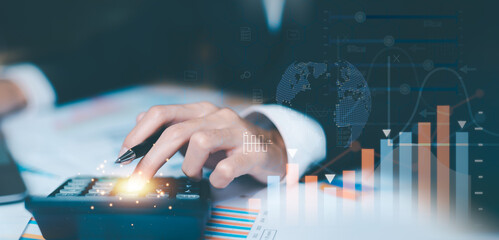 Aufkleber - Data analyst calculates sales ,Summary of strategies and business planning with economic growth graphs ,Market data research and financial reports ,calculator to calculate and read reports