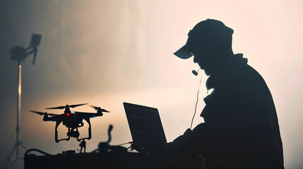 Silhouette of soldier are using drone and laptop computer for scouting during military operation : Generative AI