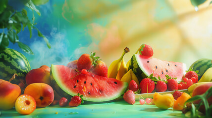 Wall Mural - Vibrant assortment of fresh fruits with watermelon, strawberries, and peaches under sunlight.