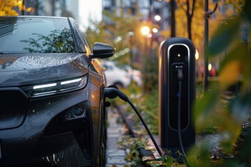 A black car is charging at a charging station