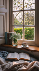 Cozy reading nook by a window with a view of a blooming garden, featuring an open book, a cup of tea, and a vase of fresh flowers, ideal for relaxing moments, literary inspiration