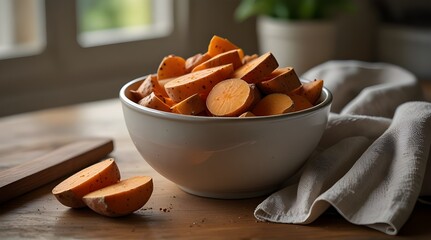 Wall Mural - Bowl of organic sliced sweet potato with kitchen background.generative.ai