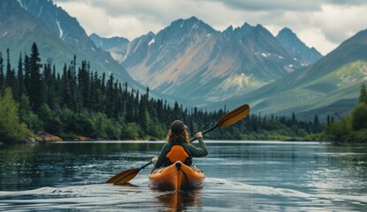 A woman in an kayak on the river between mountains and forests