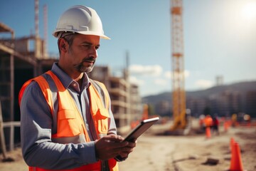 Engineer use digital tablet to manage system at construction site
