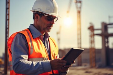 Wall Mural - Engineer use digital tablet to manage system at construction site