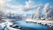 A beautiful winter scenes wallpaper with snowy and blue sky with clouds and river beside village