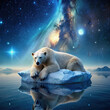A striking image of a polar bear resting on an iceberg, with a backdrop of the starry night sky