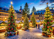 A charming outdoor market adorned with radiant Christmas trees, creating a festive atmosphere of joy and merriment