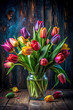 A moody image of a bouquet of tulips, with some flowers appearing vibrant while others show signs of wilting and fragility.