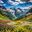 A panoramic view of an alpine valley carpeted with a profusion of blooming wildflowers, with distant snow-capped peaks framing the horizon in a breathtaking display of nature's grandeur.