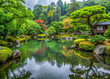 A peaceful pond in a Japanese garden, reflecting the surrounding greenery in the rain