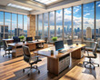 A professional office environment with stylish wooden desks, modern computers, and large windows offering a scenic view of the city skyline.