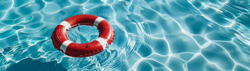 Wall Mural - A red and white life preserver floating on the surface of a clear blue pool of water 