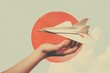 Hand holding a paper plane on a circle background. Ideas for travel. Art collage.	