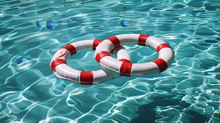 Wall Mural - A red and white life preserver floating on the surface of a clear blue pool of water 