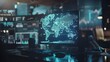 Double exposure of desktop with computer and world map hologram. International data network concept. 