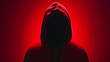 © Generative AI - Silhouette af man without face in hood on a red background Anonymous crime concept : Generative AI