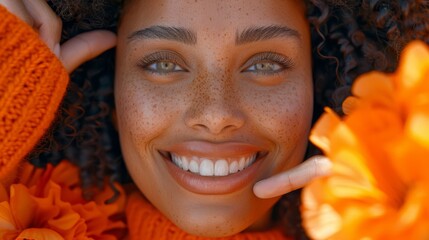 Wall Mural -  A women with freckles closely displayed on her face, a flower placed before it