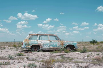 Wall Mural - rusty car left in barren desert, suitable for travel or automotive themes