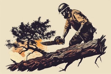 man using chainsaw to cut down tree, suitable for landscaping or deforestation concept