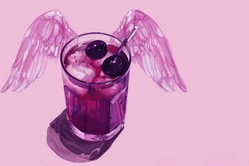 Canvas Print - A drink with cherries in a glass with wings. Perfect for summer menus and cocktail recipes